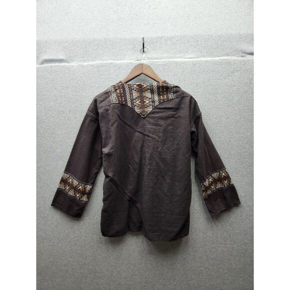 Vintage Boho-Inspired Brown Tunic Top With Tribal Embroidery 3/4 Sleeves V-Neck - Picture 4 of 6